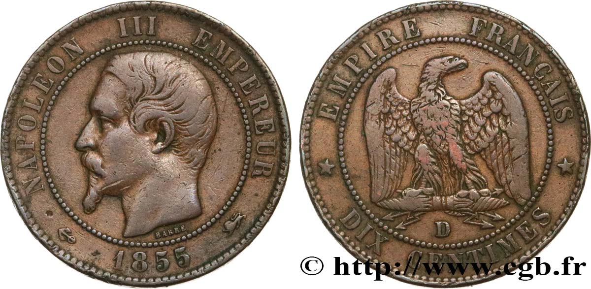 Dix centimes Napoléon III, tête nue 1855 Lyon F.133/26 S30 