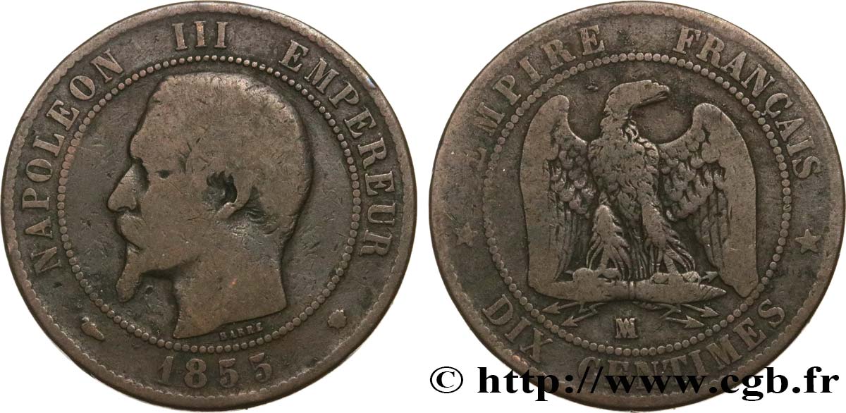 Dix centimes Napoléon III, tête nue, différent levrette 1855 Marseille F.133/30 B12 