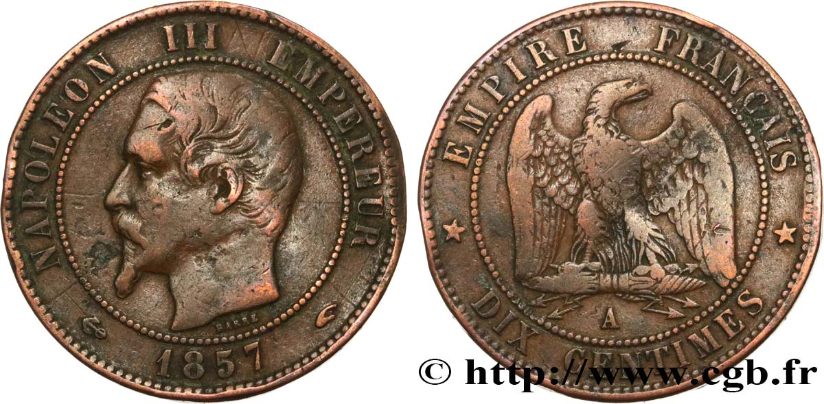 Dix centimes Napoléon III, tête nue 1857 Paris F.133/41 MB 