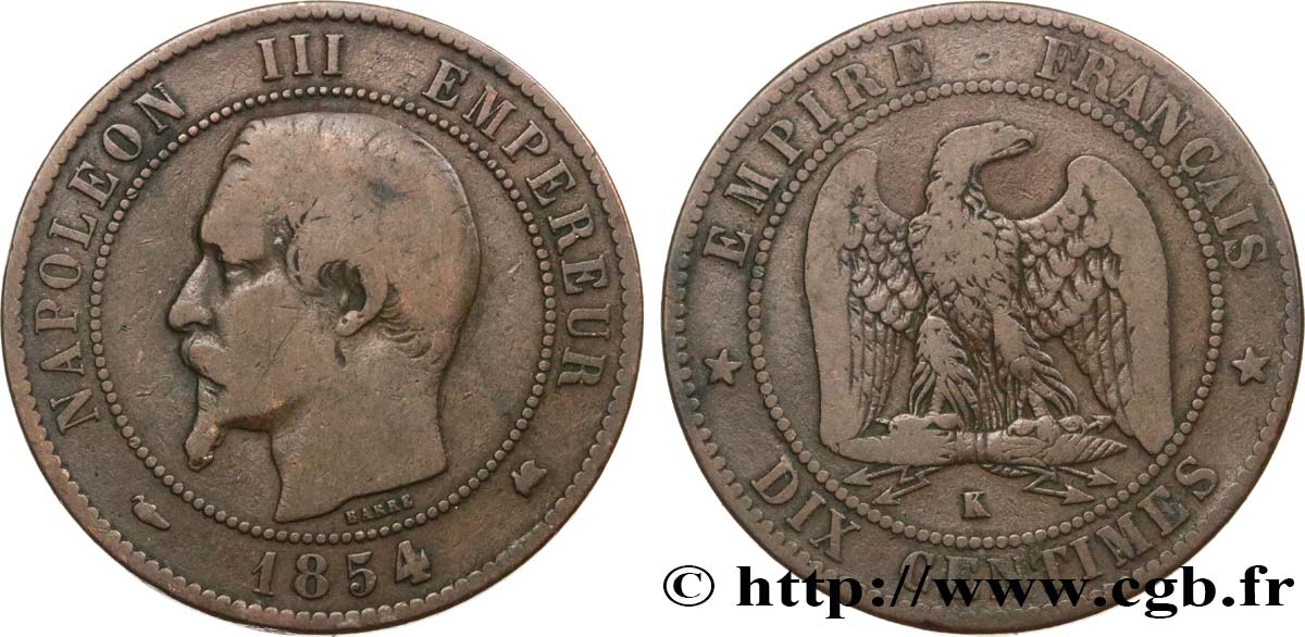 Dix centimes Napoléon III, tête nue 1854 Bordeaux F.133/16 TB15 