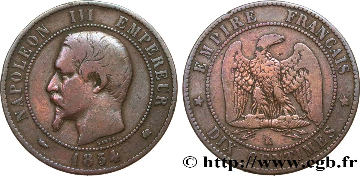 Dix centimes Napoléon III, tête nue 1854 Bordeaux F.133/16 MB 