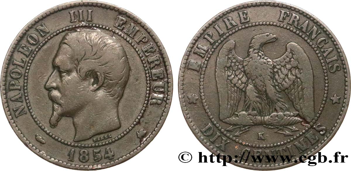 Dix centimes Napoléon III, tête nue 1854 Bordeaux F.133/16 VF20 