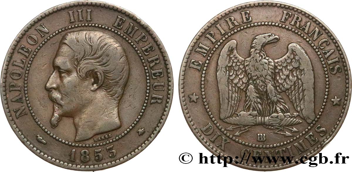 Dix centimes Napoléon III, tête nue 1853 Strasbourg F.133/4 VF30 