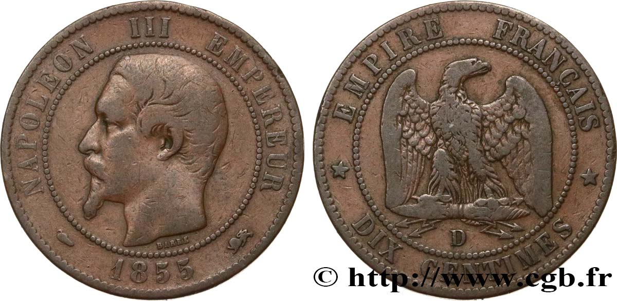 Dix centimes Napoléon III, tête nue 1855 Lyon F.133/25 TB20 
