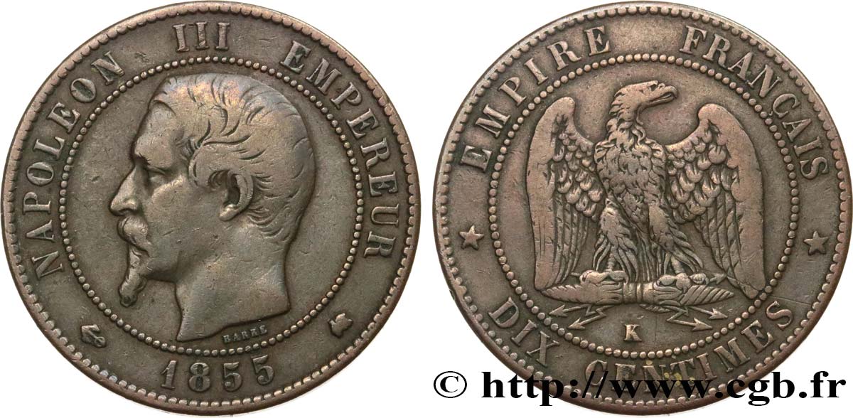 Dix centimes Napoléon III, tête nue 1855 Bordeaux F.133/29 BC25 