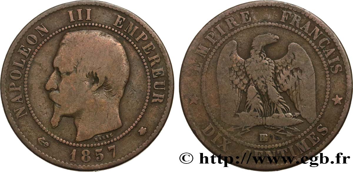 Dix centimes Napoléon III, tête nue 1857 Strasbourg F.133/43 B10 