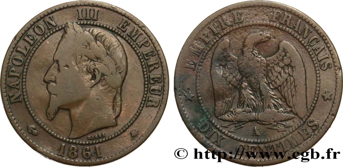 Dix centimes Napoléon III, tête laurée 1861 Paris F.134/4 F15 