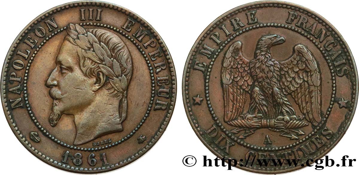 Dix centimes Napoléon III, tête laurée 1861 Paris F.134/4 MBC 