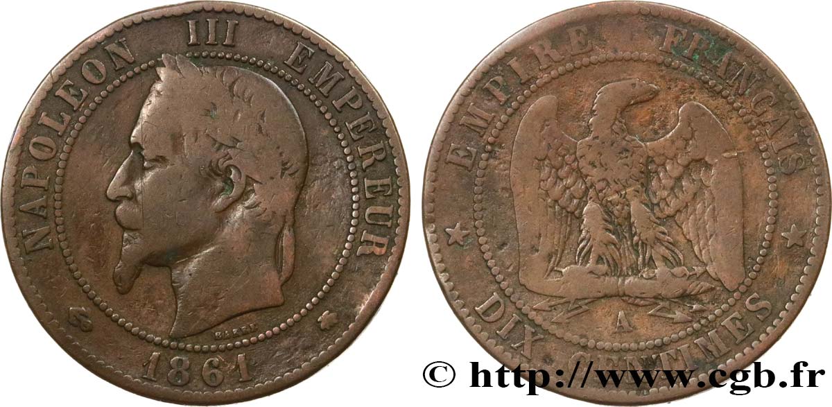Dix centimes Napoléon III, tête laurée 1861 Paris F.134/4 S15 