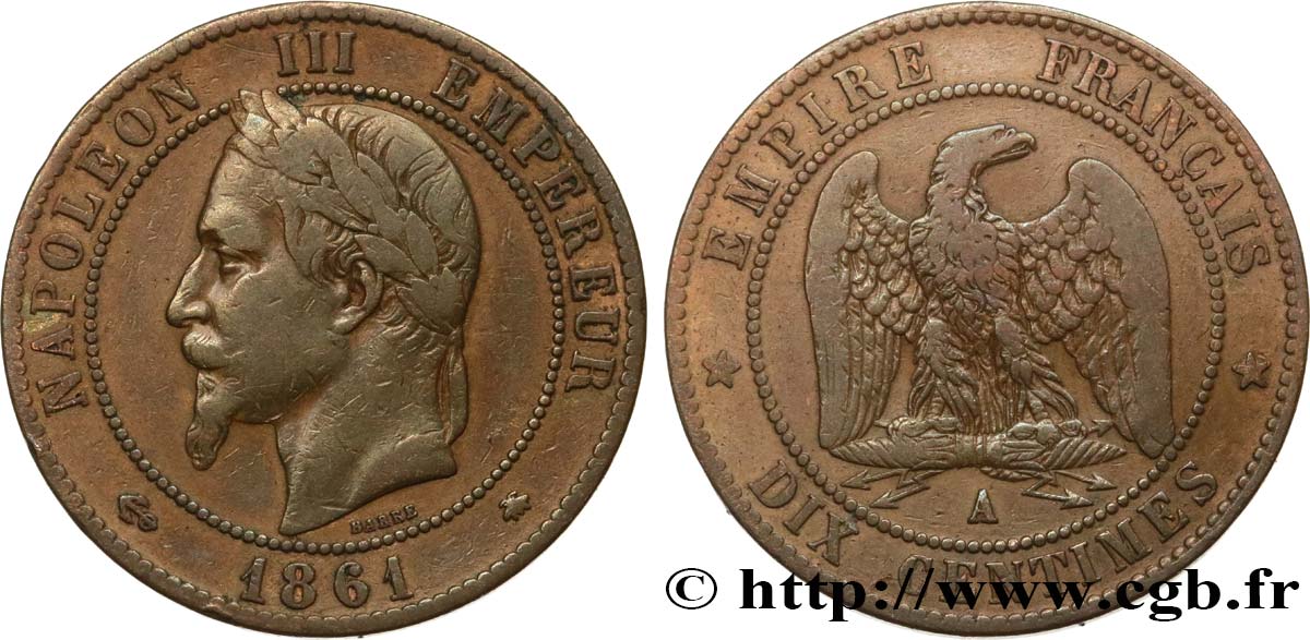 Dix centimes Napoléon III, tête laurée 1861 Paris F.134/4 VF30 