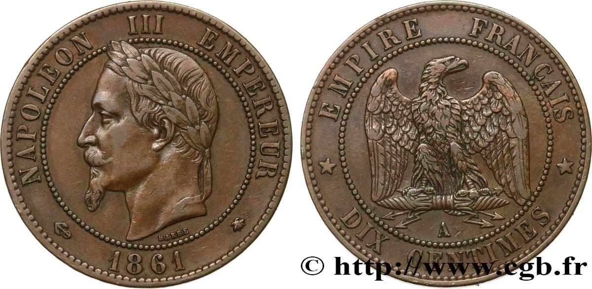 Dix centimes Napoléon III, tête laurée 1861 Paris F.134/4 TTB45 