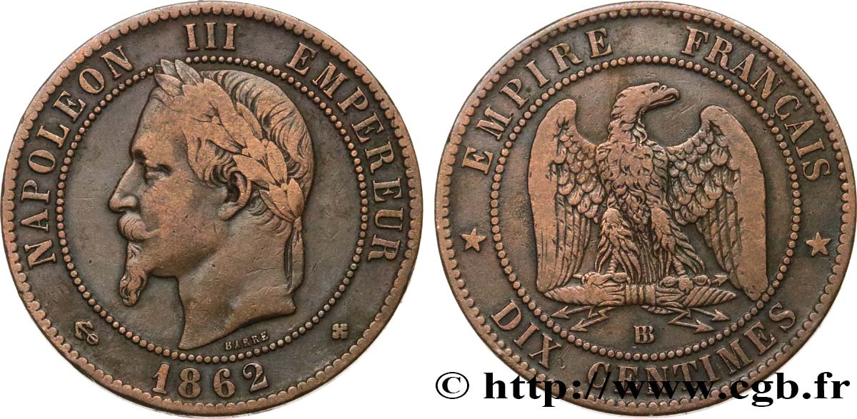 Dix centimes Napoléon III, tête laurée 1862 Strasbourg F.134/8 TB 