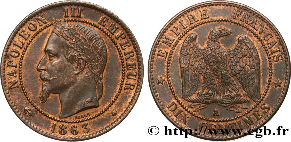 Dix centimes Napoléon III, tête laurée 1863 Paris F.134/10 SUP58 