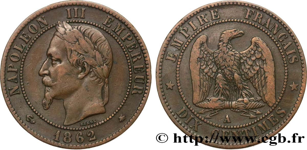 Dix centimes Napoléon III, tête laurée 1862 Paris F.134/7 BC25 