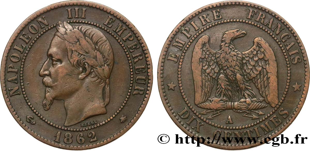 Dix centimes Napoléon III, tête laurée 1862 Paris F.134/7 TB25 