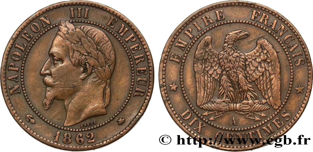 Dix centimes Napoléon III, tête laurée 1862 Paris F.134/7 TTB 