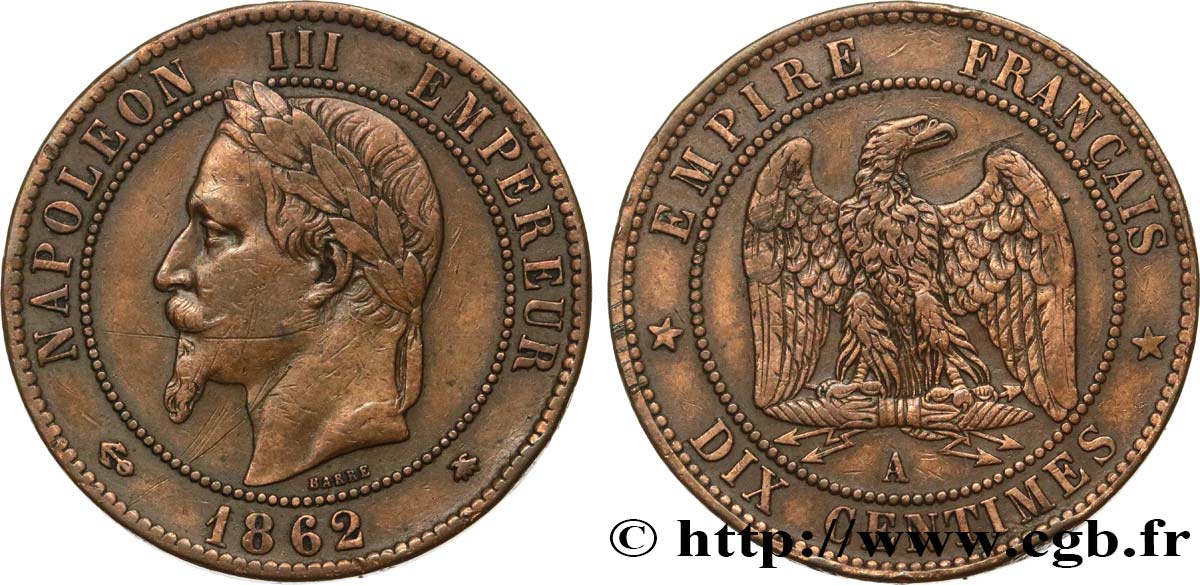 Dix centimes Napoléon III, tête laurée 1862 Paris F.134/7 XF 