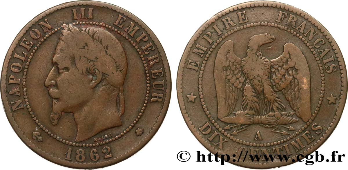 Dix centimes Napoléon III, tête laurée 1862 Paris F.134/7 S20 