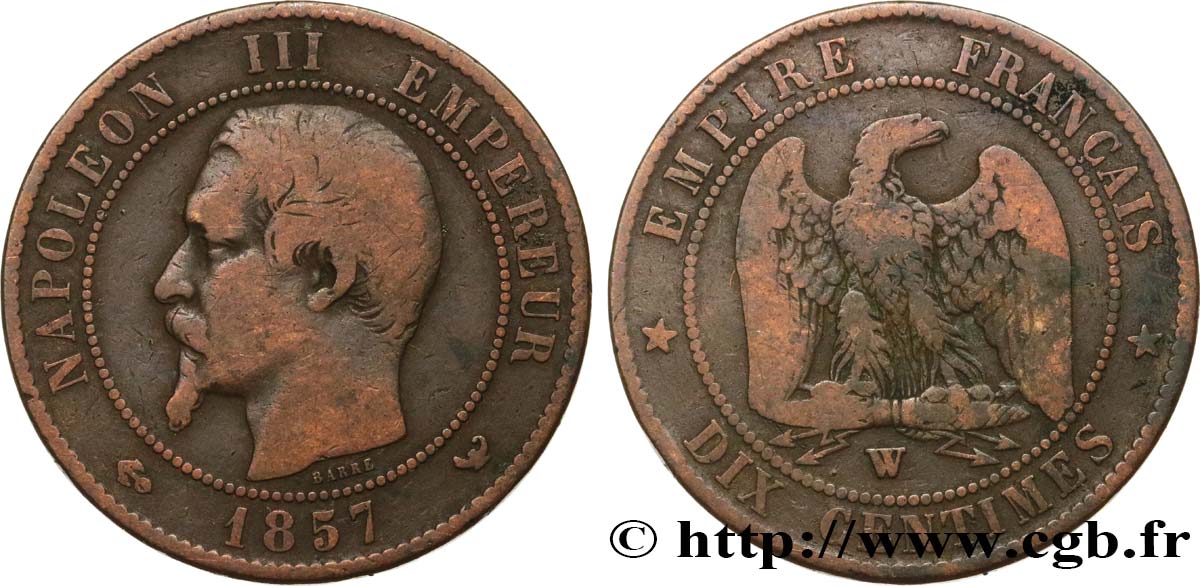 Dix centimes Napoléon III, tête nue 1857 Lille F.133/46 B+ 