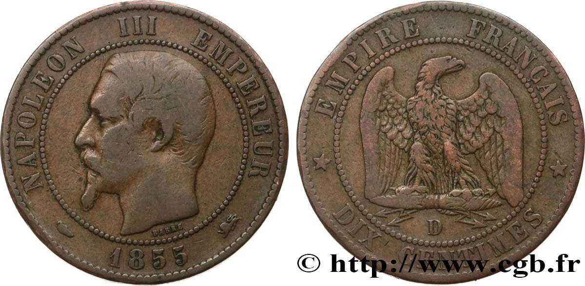 Dix centimes Napoléon III, tête nue 1855 Lyon F.133/25 TB20 