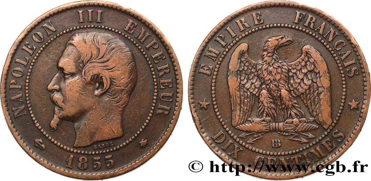 Dix centimes Napoléon III, tête nue 1855 Strasbourg F.133/24 BC+ 