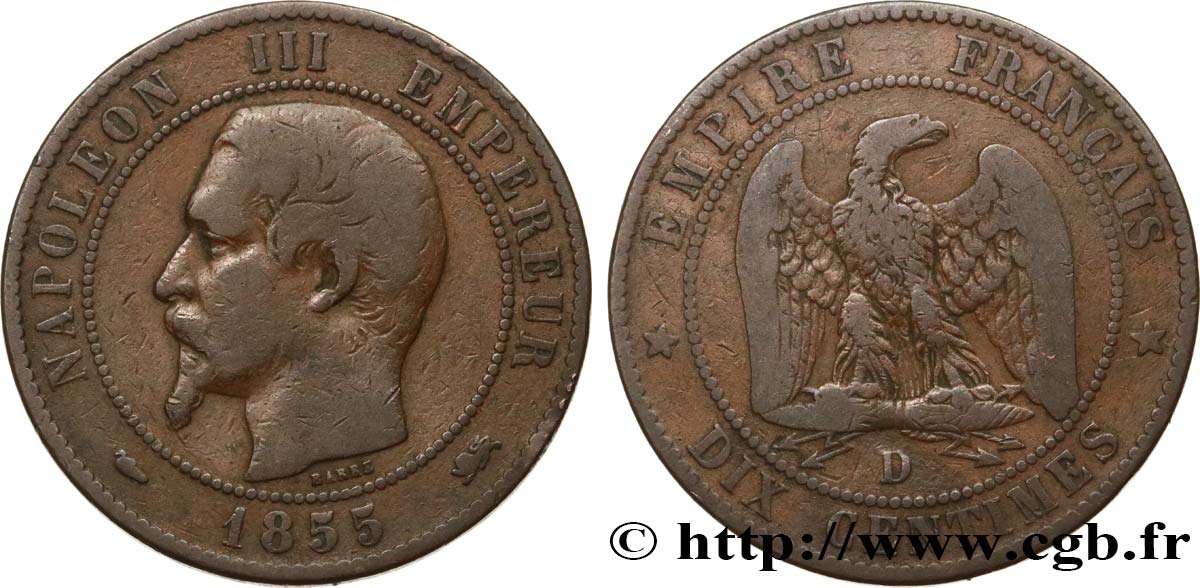 Dix centimes Napoléon III, tête nue 1855 Lyon F.133/25 F15 