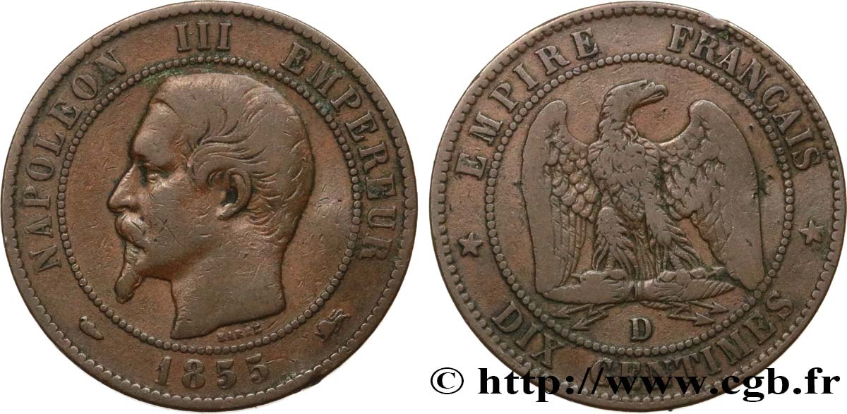Dix centimes Napoléon III, tête nue 1855 Lyon F.133/25 VF20 