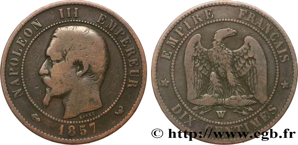 Dix centimes Napoléon III, tête nue 1857 Lille F.133/46 TB 