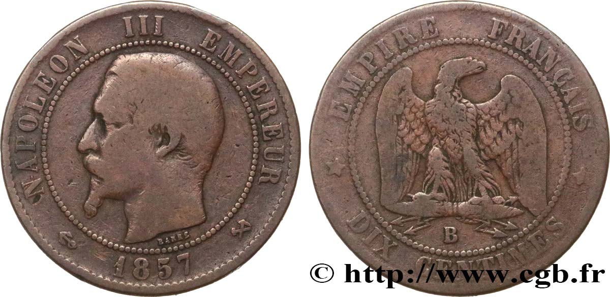 Dix centimes Napoléon III, tête nue 1857 Rouen F.133/42 RC12 