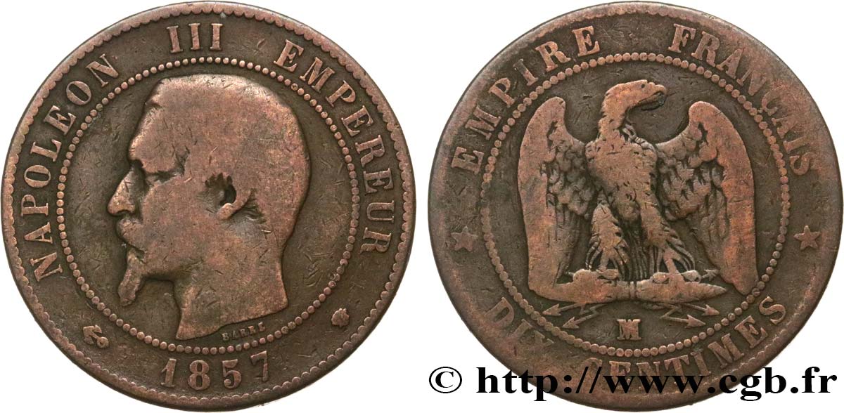 Dix centimes Napoléon III, tête nue 1857 Marseille F.133/45 fS 