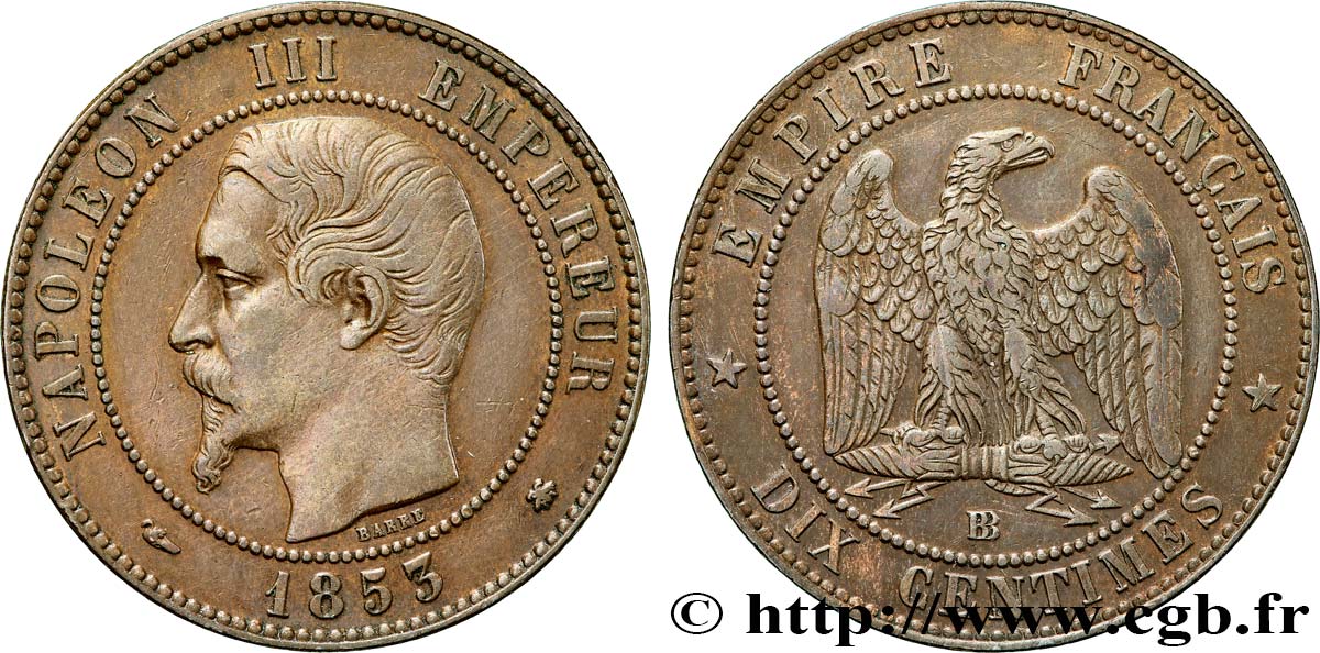 Dix centimes Napoléon III, tête nue 1853 Strasbourg F.133/4 MBC 