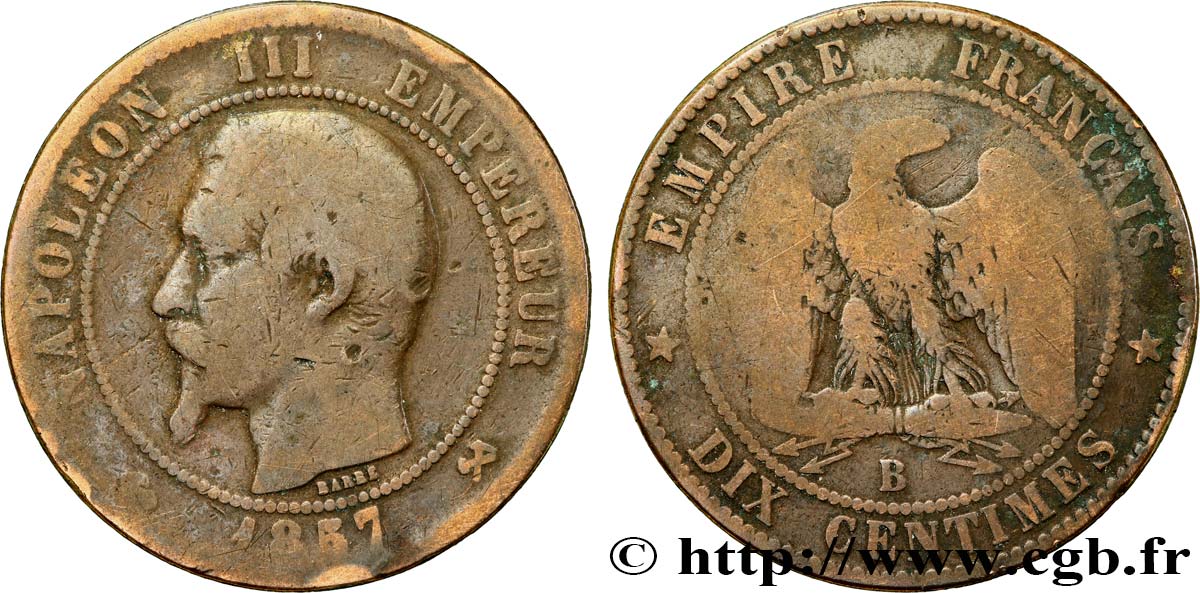 Dix centimes Napoléon III, tête nue 1857 Rouen F.133/42 B 