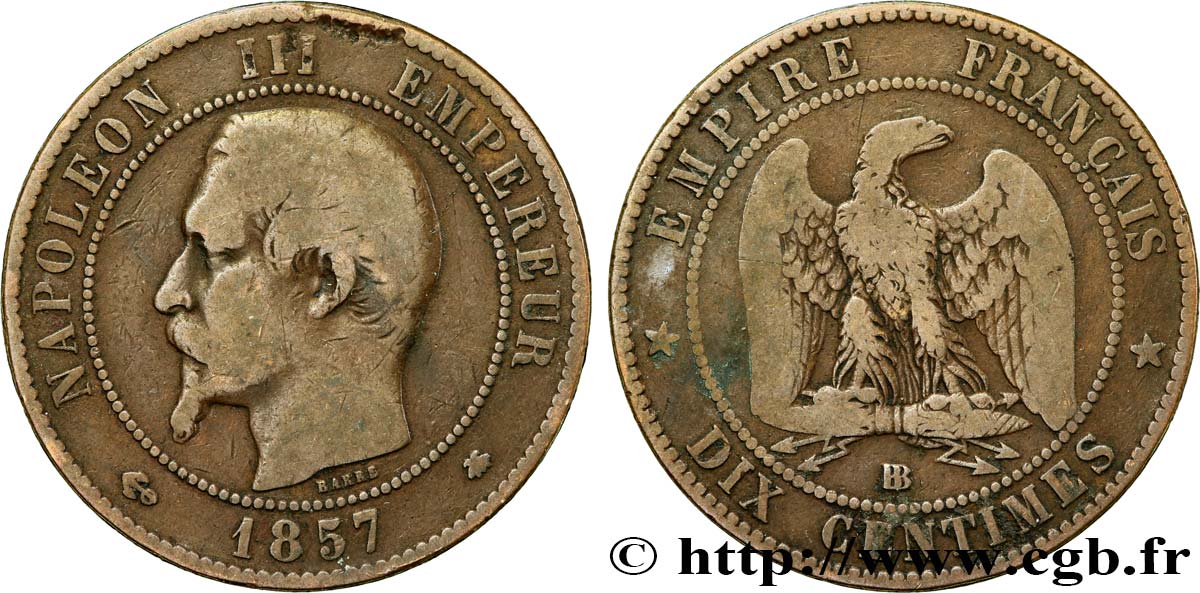 Dix centimes Napoléon III, tête nue 1857 Strasbourg F.133/43 TB15 