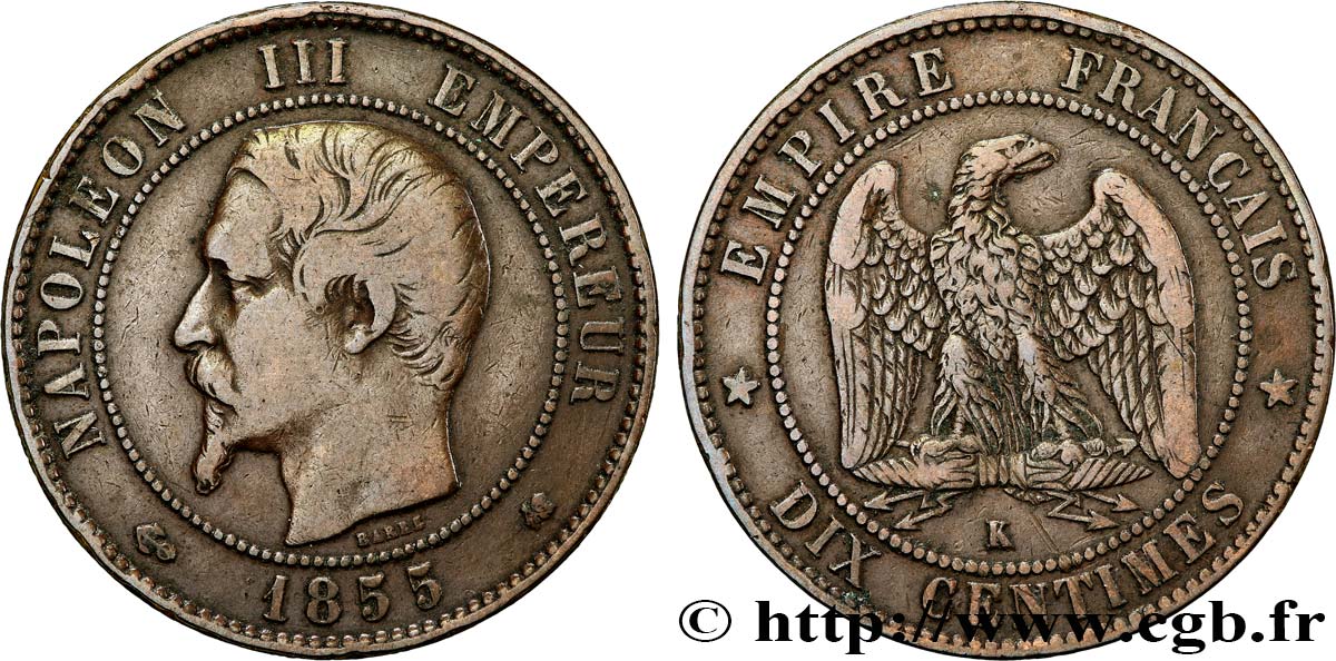 Dix centimes Napoléon III, tête nue 1855 Bordeaux F.133/29 TB+ 