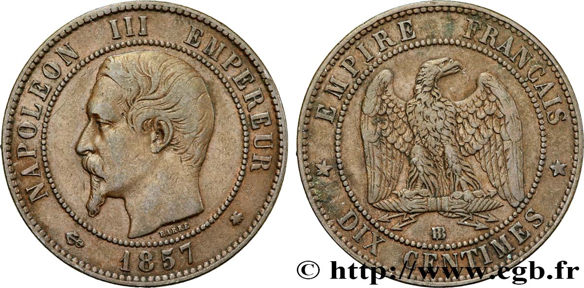 Dix centimes Napoléon III, tête nue 1857 Strasbourg F.133/43 TTB40 
