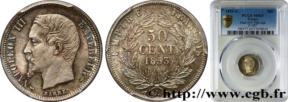 50 centimes Napoléon III, tête nue 1853 Paris F.187/1 MS65 PCGS