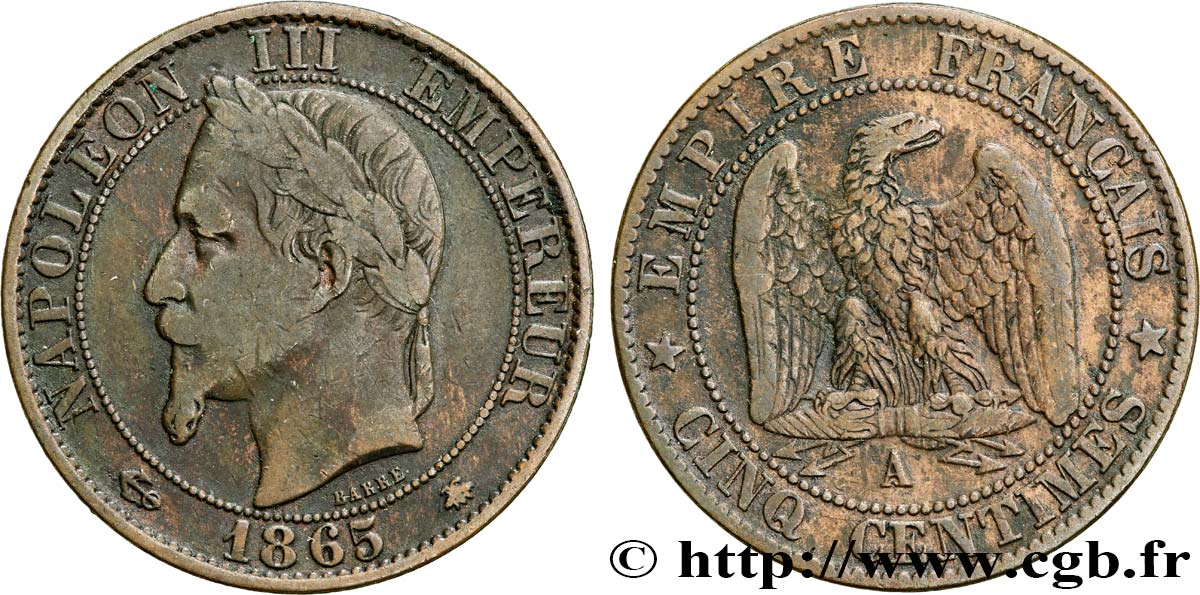 Cinq centimes Napoléon III, tête laurée 1865 Paris F.117/16 TB25 