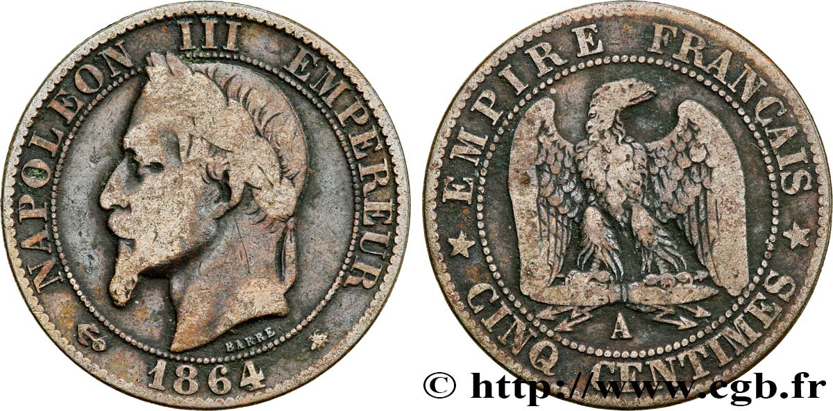 Cinq centimes Napoléon III, tête laurée 1864 Paris F.117/13 TB15 