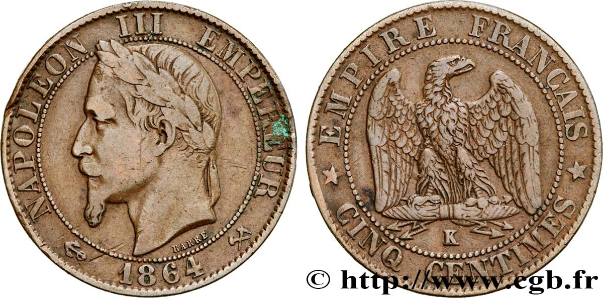 Cinq centimes Napoléon III, tête laurée 1864 Bordeaux F.117/15 TB30 