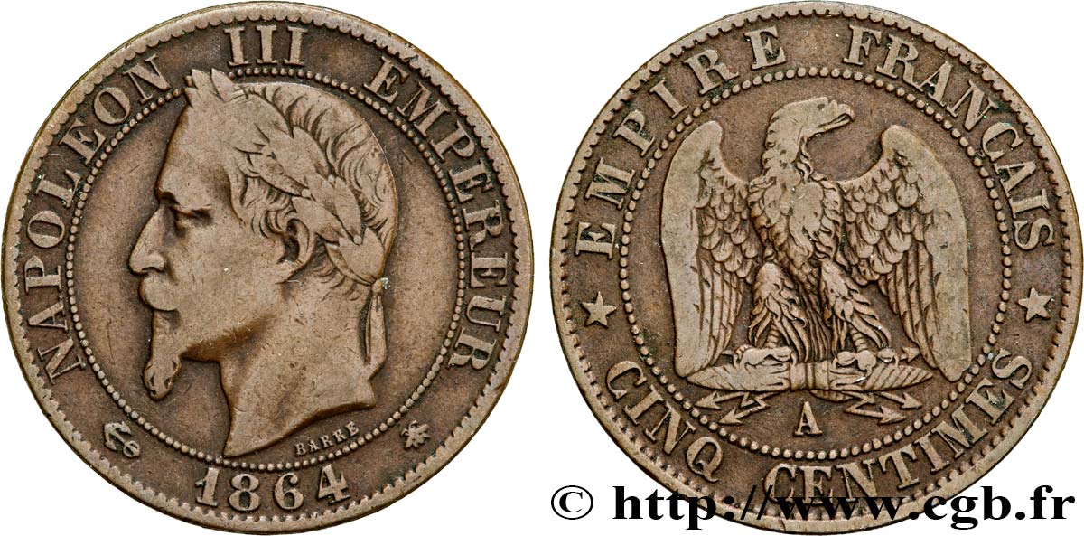 Cinq centimes Napoléon III, tête laurée 1864 Paris F.117/13 VF20 