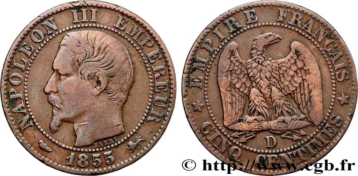 Cinq centimes Napoléon III, tête nue 1855 Lyon F.116/22 TB 