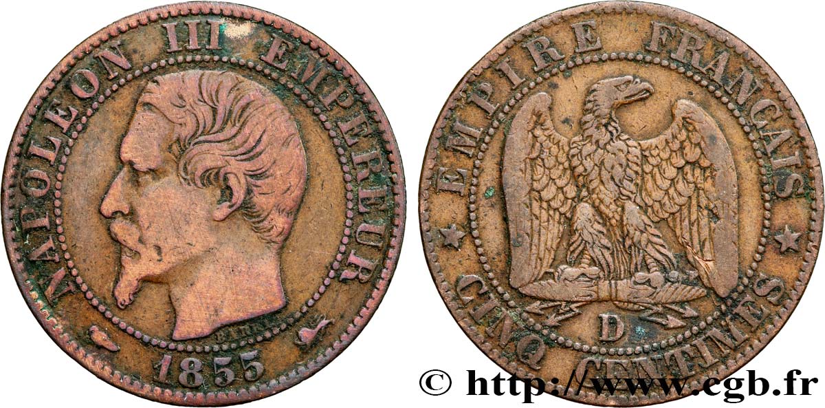 Cinq centimes Napoléon III, tête nue 1855 Lyon F.116/22 TB 