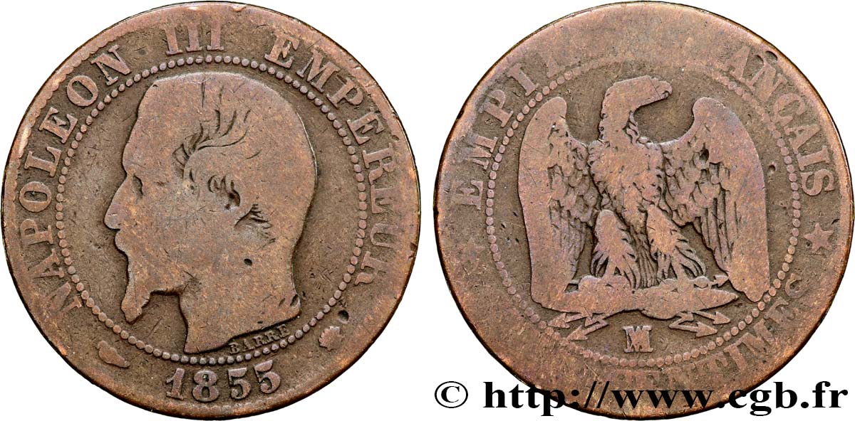 Cinq centimes Napoléon III, tête nue 1855 Marseille F.116/26 B 