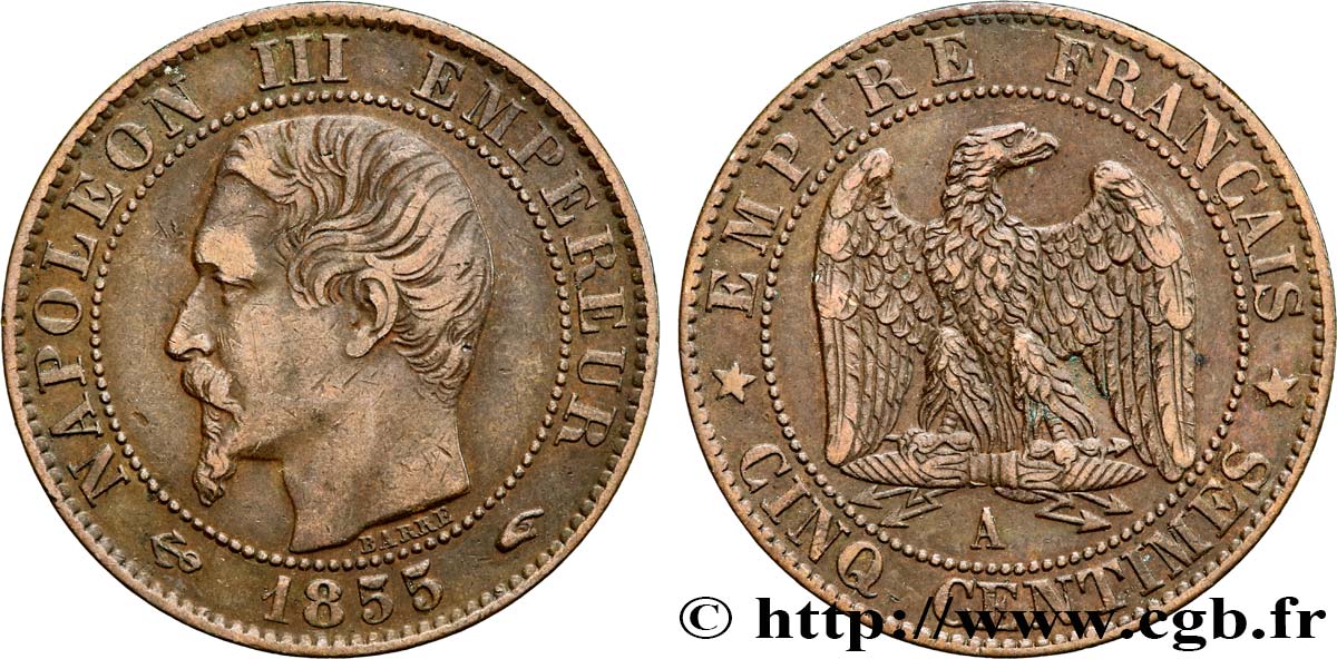 Cinq centimes Napoléon III, tête nue 1855 Paris F.116/17 XF45 