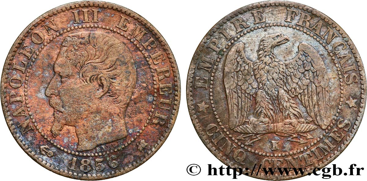 Cinq centimes Napoléon III, tête nue 1856 Bordeaux F.116/34 TB 