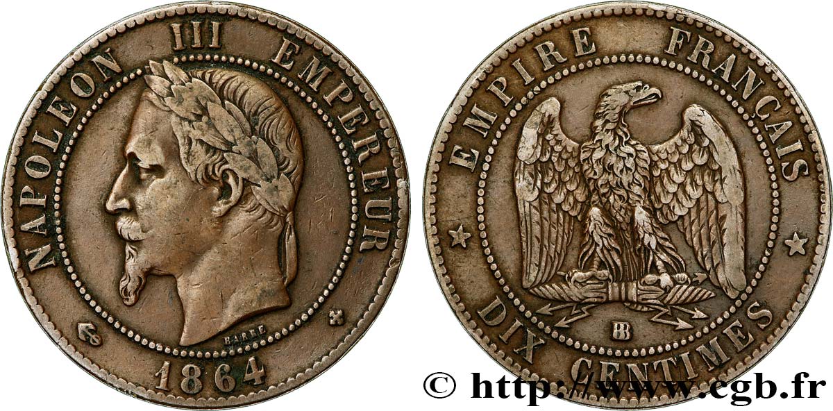 Dix centimes Napoléon III, tête laurée 1864 Strasbourg F.134/14 MB35 