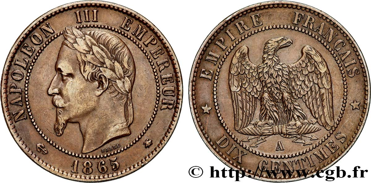 Dix centimes Napoléon III, tête laurée 1865 Paris F.134/16 TTB45 