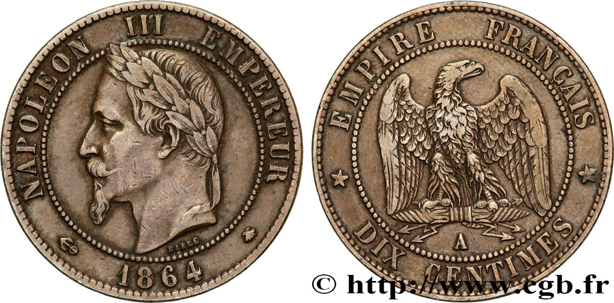 Dix centimes Napoléon III, tête laurée 1864 Paris F.134/13 XF40 