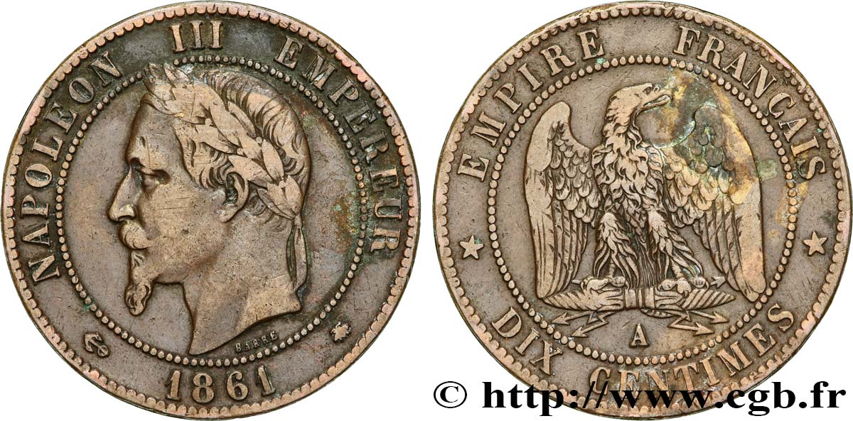 Dix centimes Napoléon III, tête laurée 1861 Paris F.134/4 TB30 