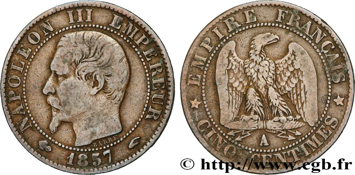 Cinq centimes Napoléon III, tête nue 1857 Paris F.116/37 TB15 